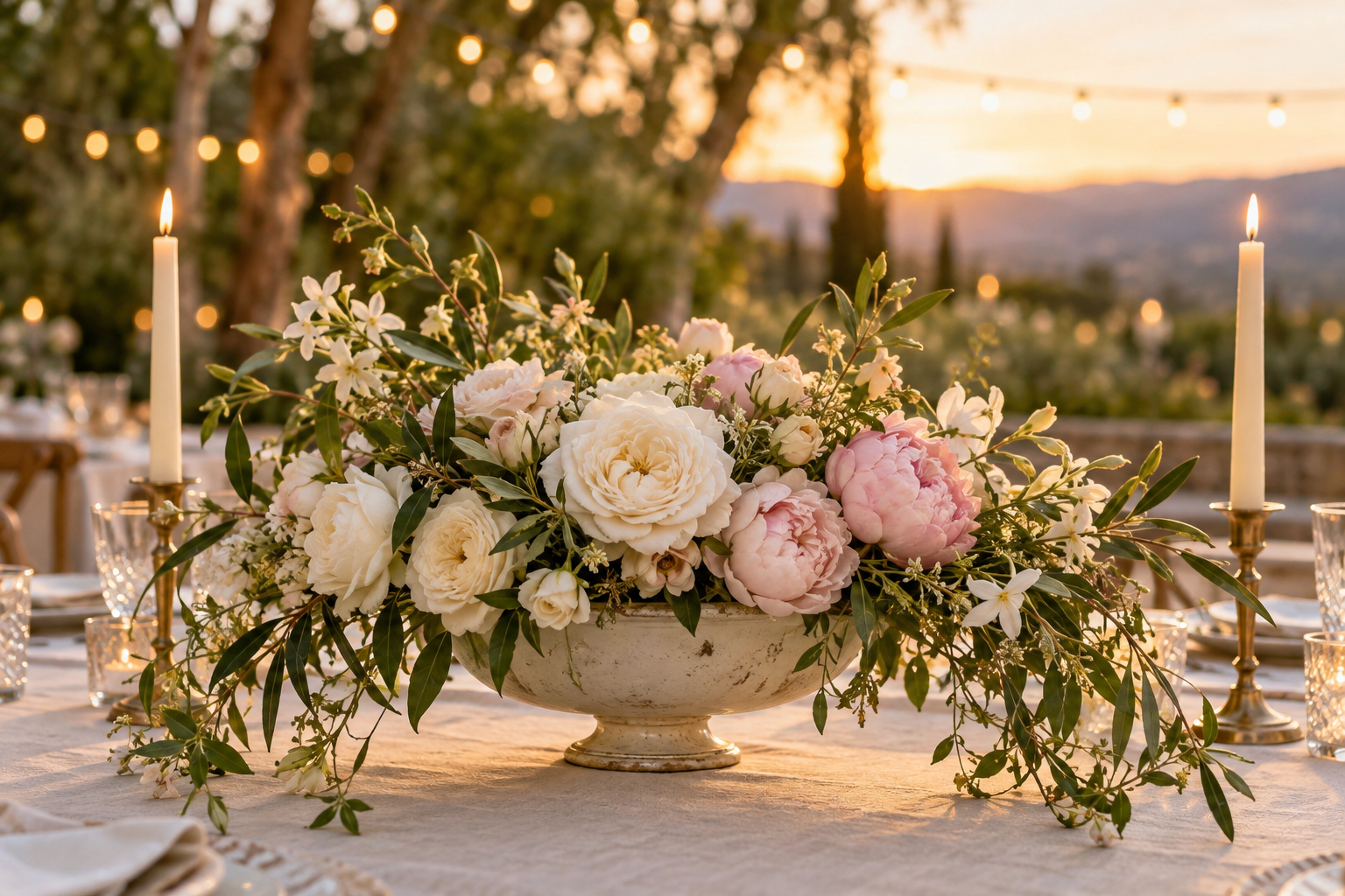 A low garden centerpiece of white roses, blush peonies and jasmine with taper candles