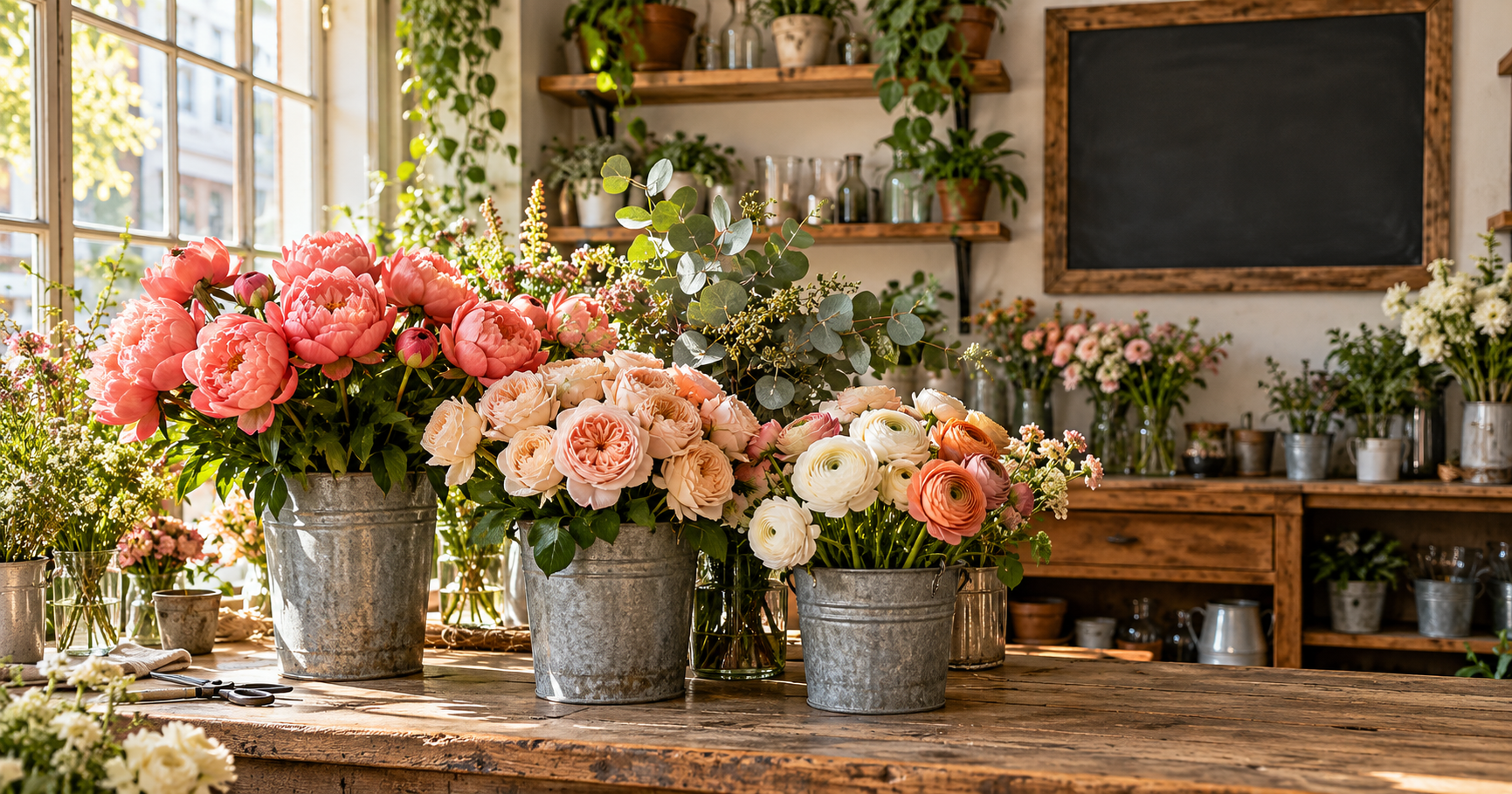 Buckets of peonies, garden roses and ranunculus on the counter at Wrenfield Flower Co.