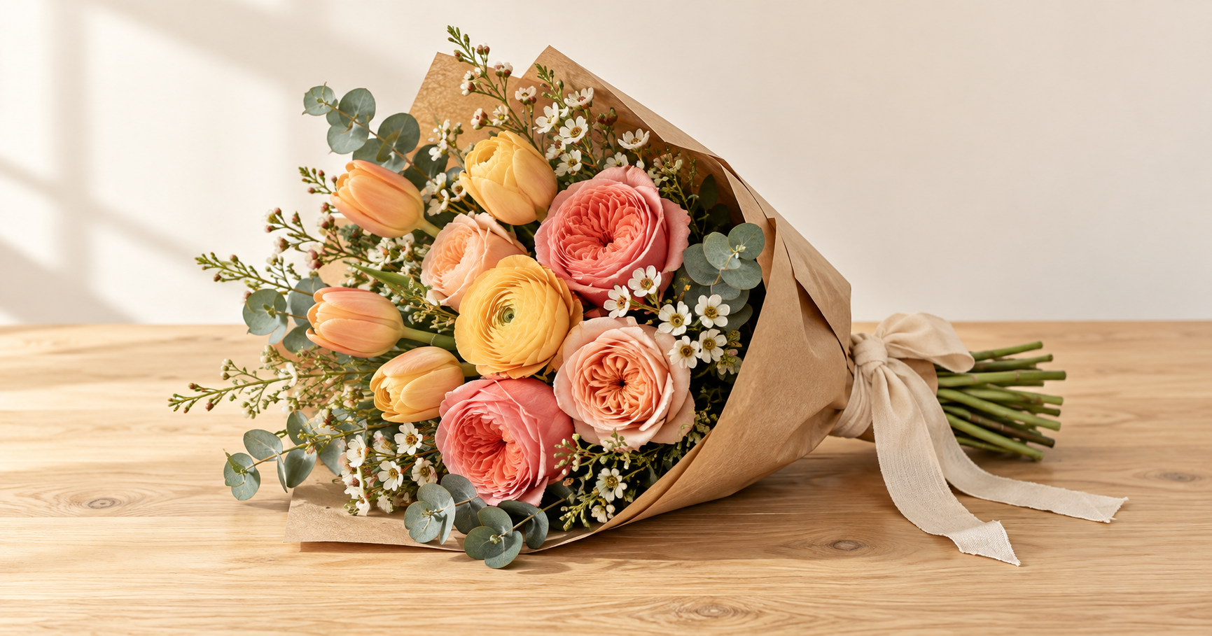 A seasonal hand-tied bouquet on an oak table
