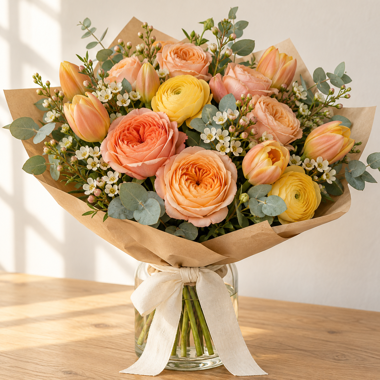 The Sunrise Bouquet: peach roses, yellow ranunculus and apricot tulips in kraft paper